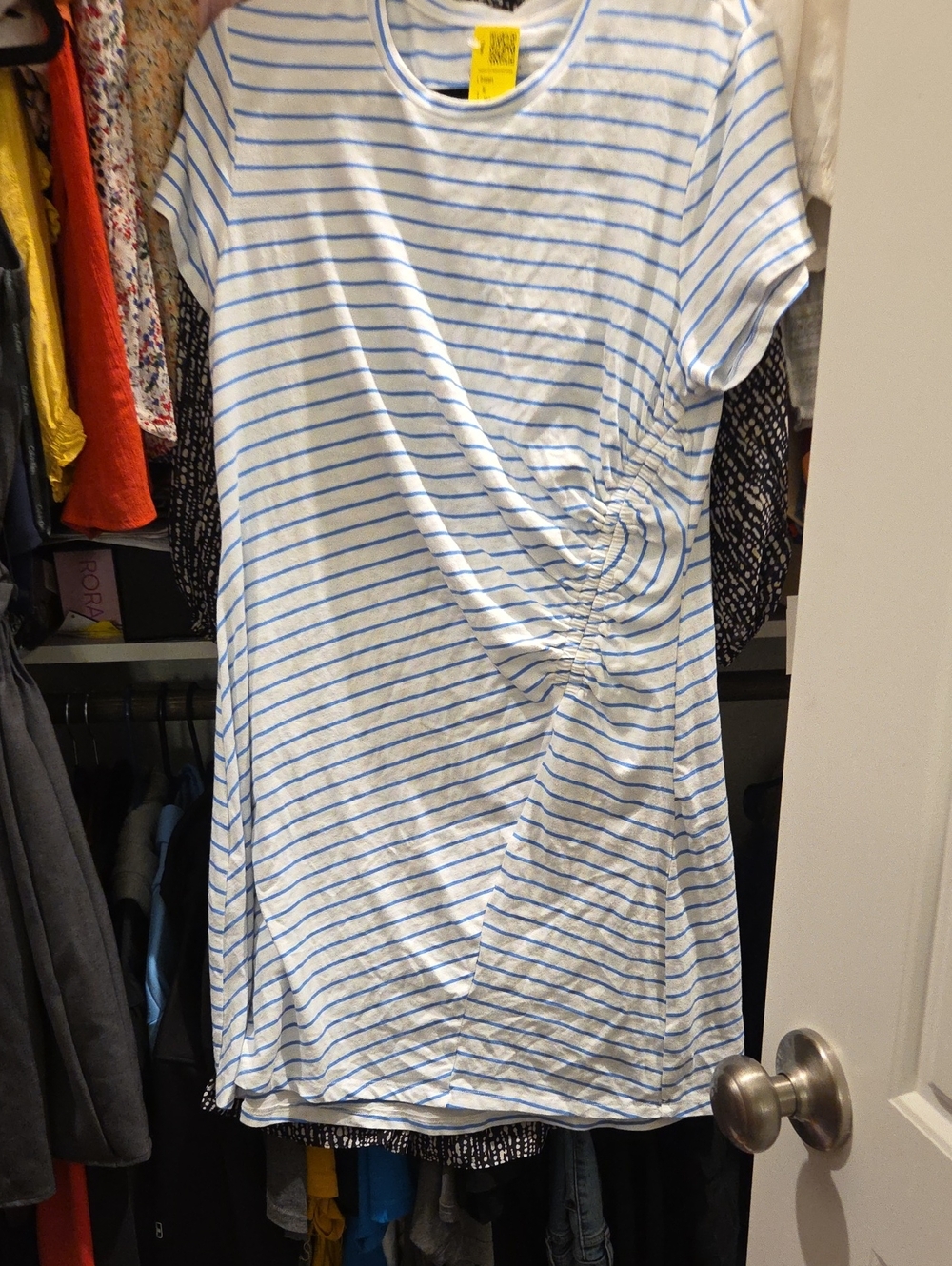Universal Thread White and Blue Striped Ruched Short-Sleeve Tunic